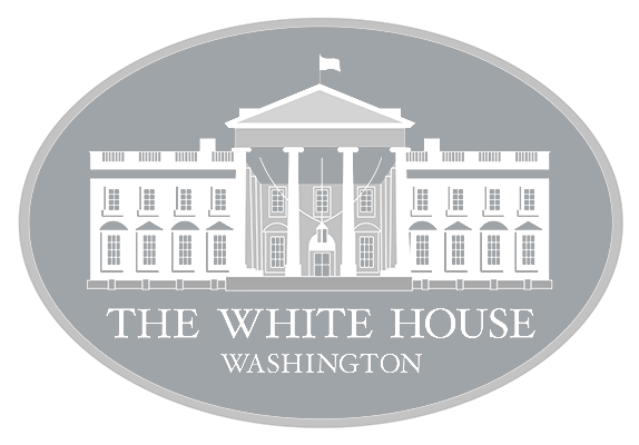 Gray oval emblem featuring a white illustration of the White House with a flag on top, labeled 'THE WHITE HOUSE WASHINGTON'.