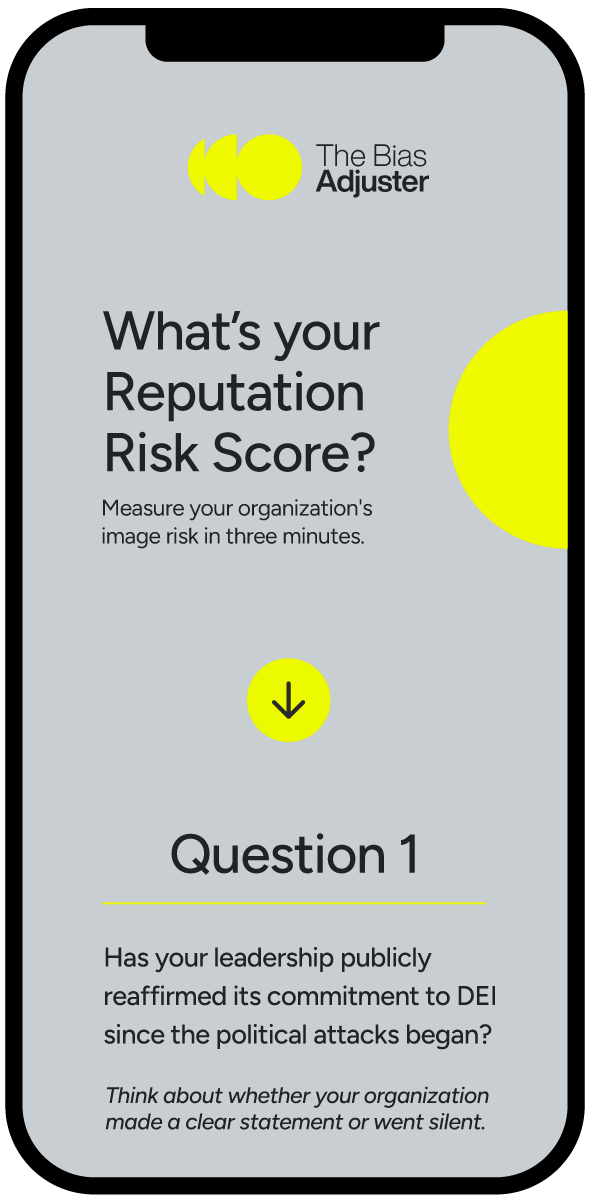 Mobile screen displaying a quiz titled "What's your Reputation Risk Score?" with a question about leadership's commitment to DEI, and a yellow arrow icon pointing downward.