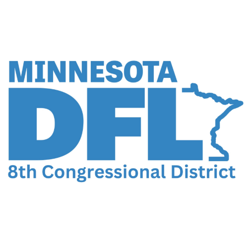 Graphic design showing Minnesota DFL 8th Congressional District logo with text and outline of Minnesota state in blue.