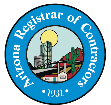 Seal of the Arizona Registrar of Contractors featuring a city skyline, a cactus, a bridge, the sun, and the year 1931.
