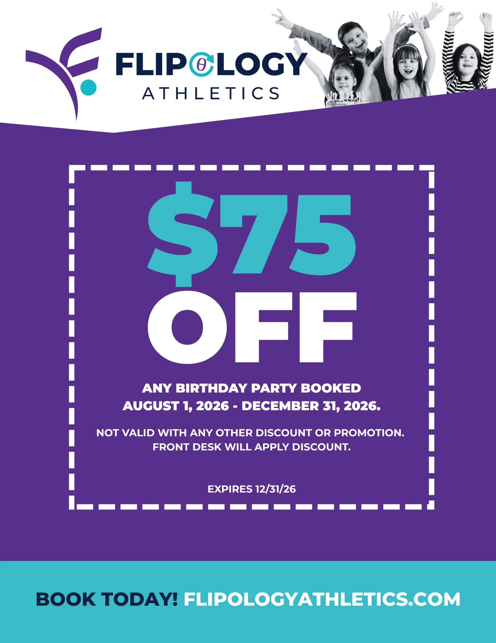 🎉 $75 OFF BIRTHDAY PARTIES!

Make their next birthday one to remember at Flipology Athletics! Choose a Gymnastics Party or Ninjility Party packed with flipping, climbing, jumping, challenges, and nonstop fun.

Book your party now and get $75 OFF any