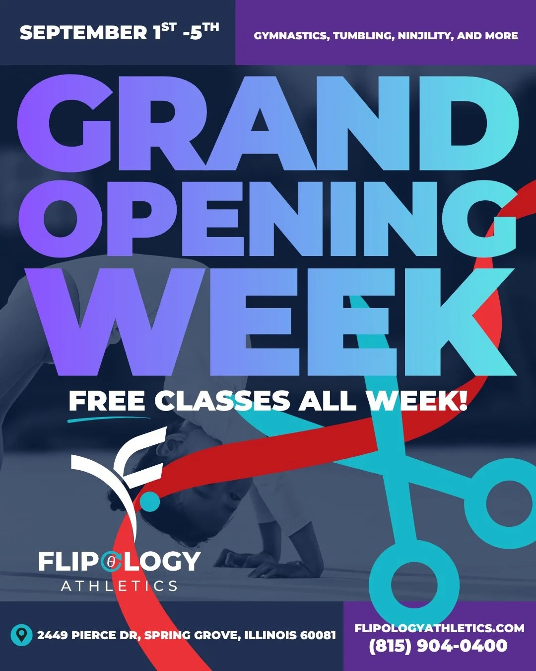 🎉 IT&rsquo;S GRAND OPENING WEEK AT FLIPOLOGY ATHLETICS!

September 1&ndash;5, we&rsquo;re celebrating BIG in Spring Grove &mdash; and your family is invited!

Gymnastics, Tumbling, Ninjility &amp; more for ages 18 months to 18 years!

Come check out