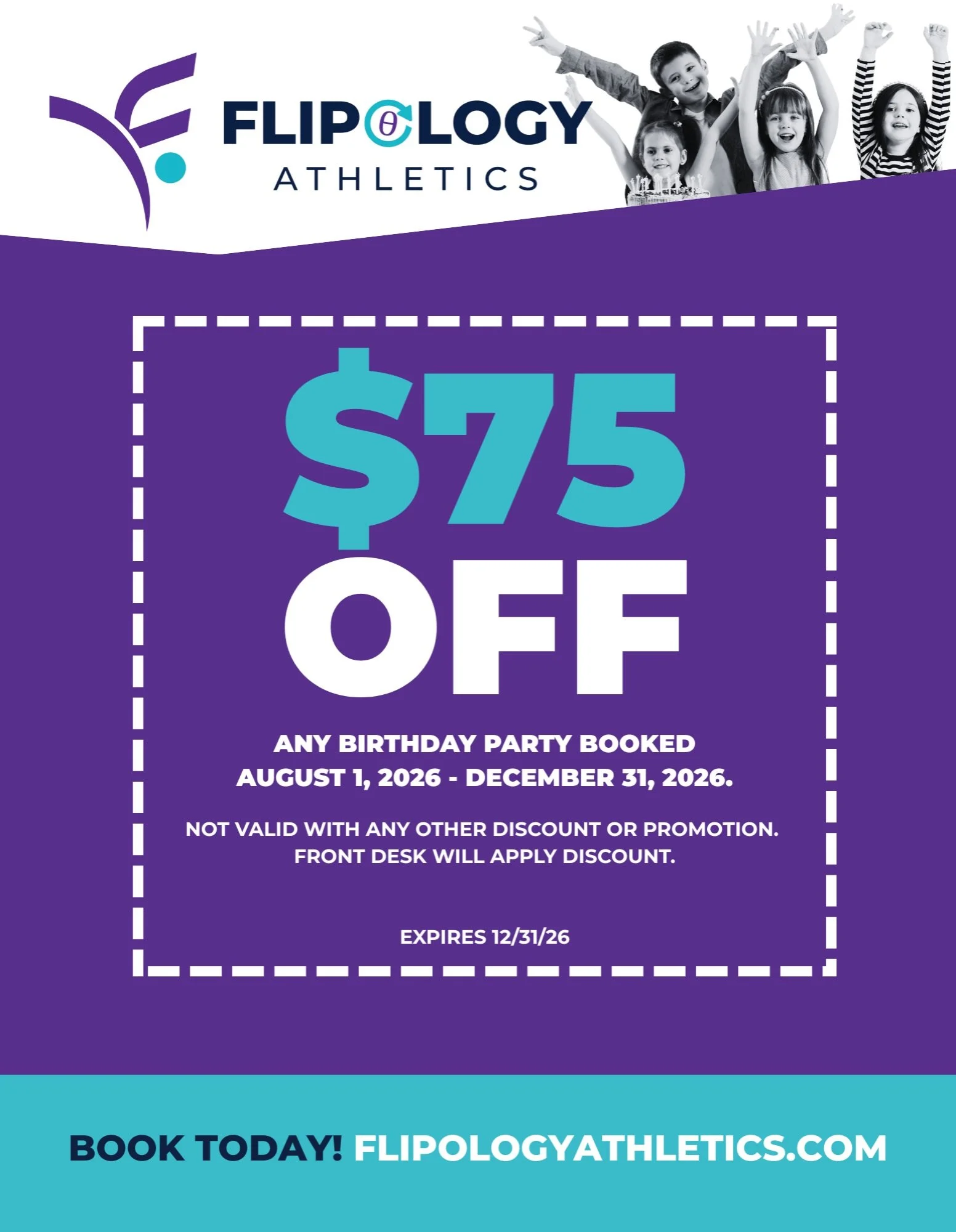 🎉 Birthday fun starts at Flipology!

Celebrate with flipping, jumping, climbing, challenges, and plenty of time to have FUN! Choose a Gymnastics Party or Ninjility Party and let us take care of the action.

Right now, get $75 OFF any birthday party 