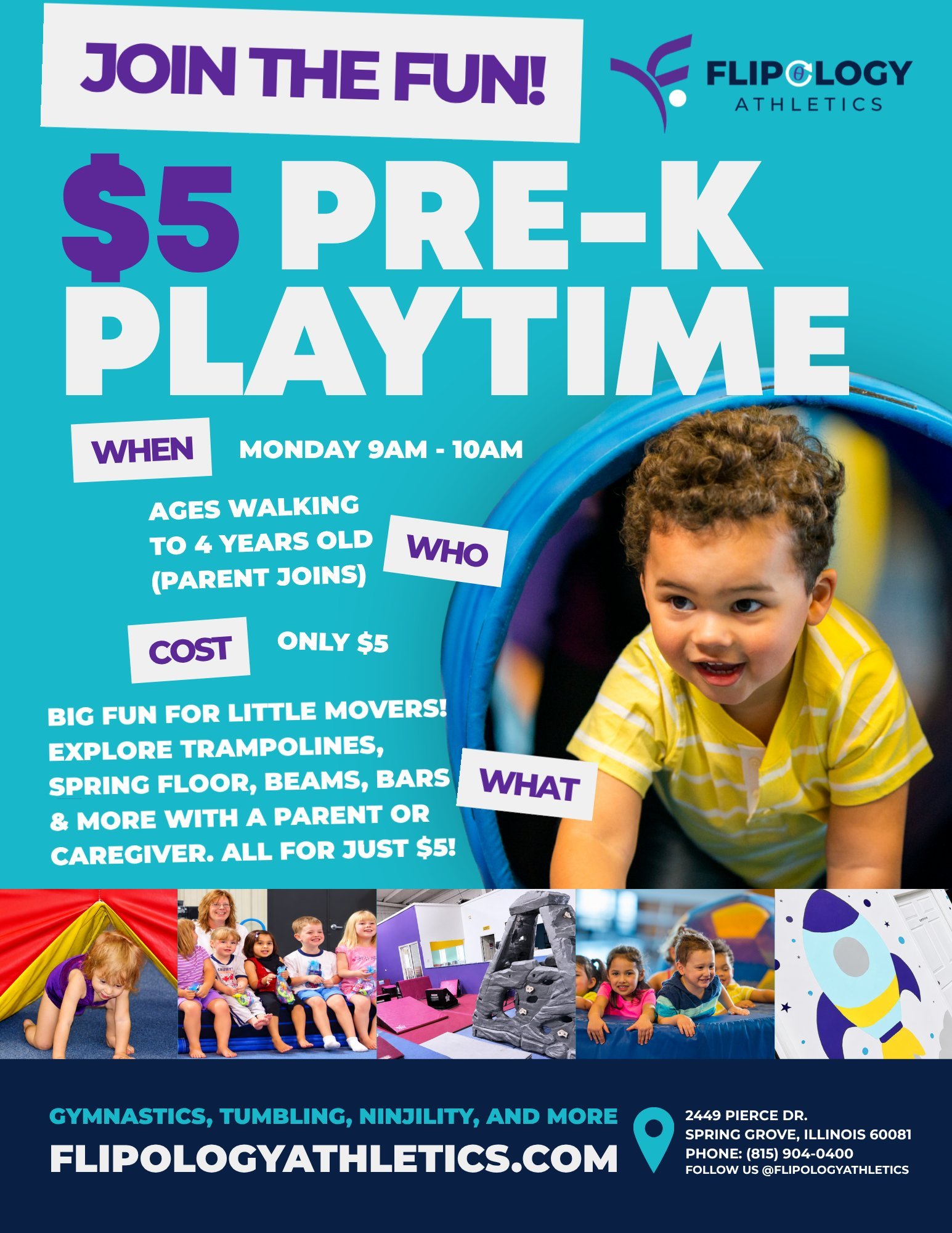 $5 PRE-K PLAYTIME! 💜

Bring your little one to Flipology Athletics for time to climb, bounce, explore and play in the gym!

Every Monday
Just $5 per child
For preschool-age kids
No membership required

A fun, easy way to get out of the house and bur