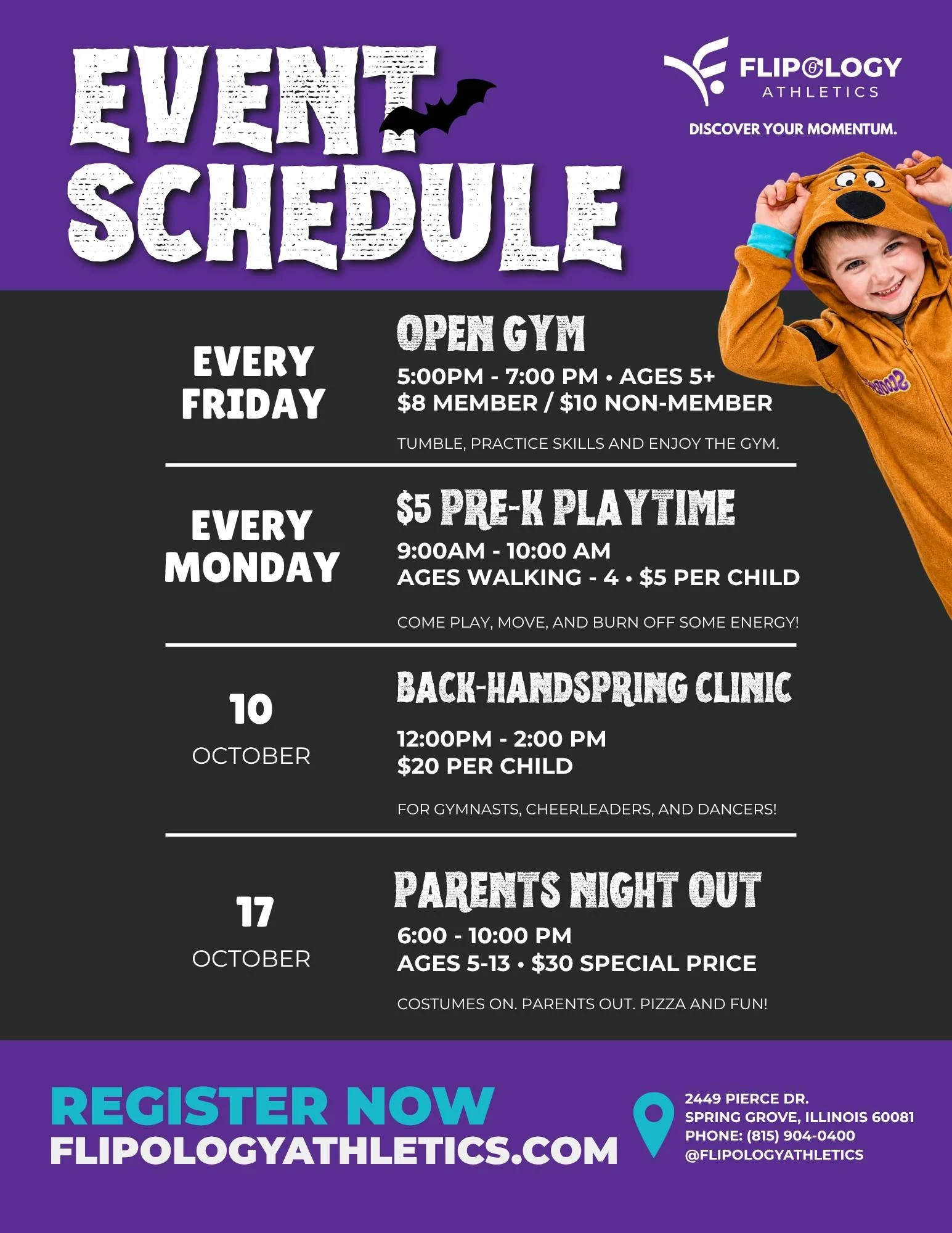 NEXT UP ON OUR OCTOBER EVENT CALENDAR! 🎃

We&rsquo;ve got a fun weekend ahead at Flipology Athletics!

🤸 OPEN GYM &mdash; TOMORROW!
Friday | 5:00&ndash;7:00 PM
Ages 5&ndash;18

🎃 HALLOWEEN PARENTS NIGHT OUT &mdash; SATURDAY!
6:00&ndash;10:00 PM | 