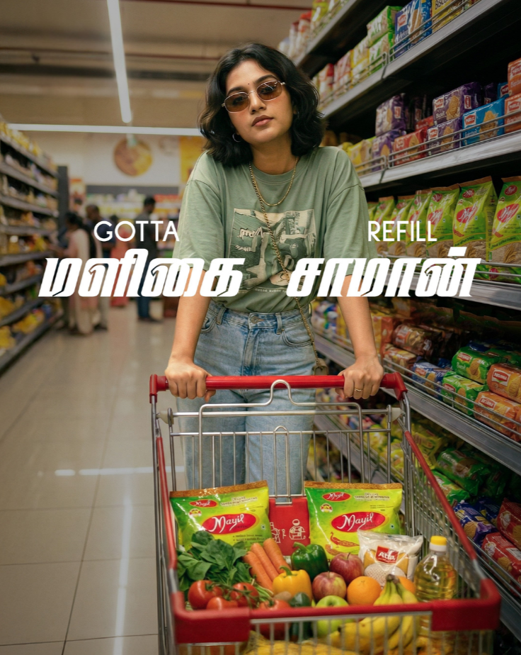 A woman with sunglasses and a green T-shirt pushing a shopping cart filled with vegetables and groceries in a supermarket aisle.