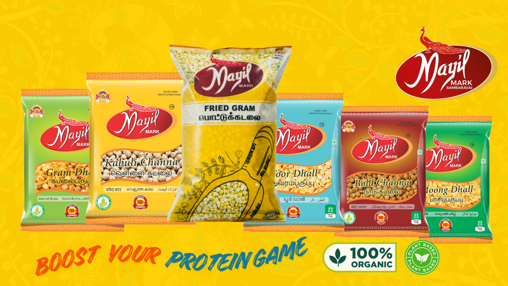 Different packages of Mayil brand pulses and fried gram on a yellow background with plant-based and 100% organic labels, and the slogan "Boost Your Protein Game."