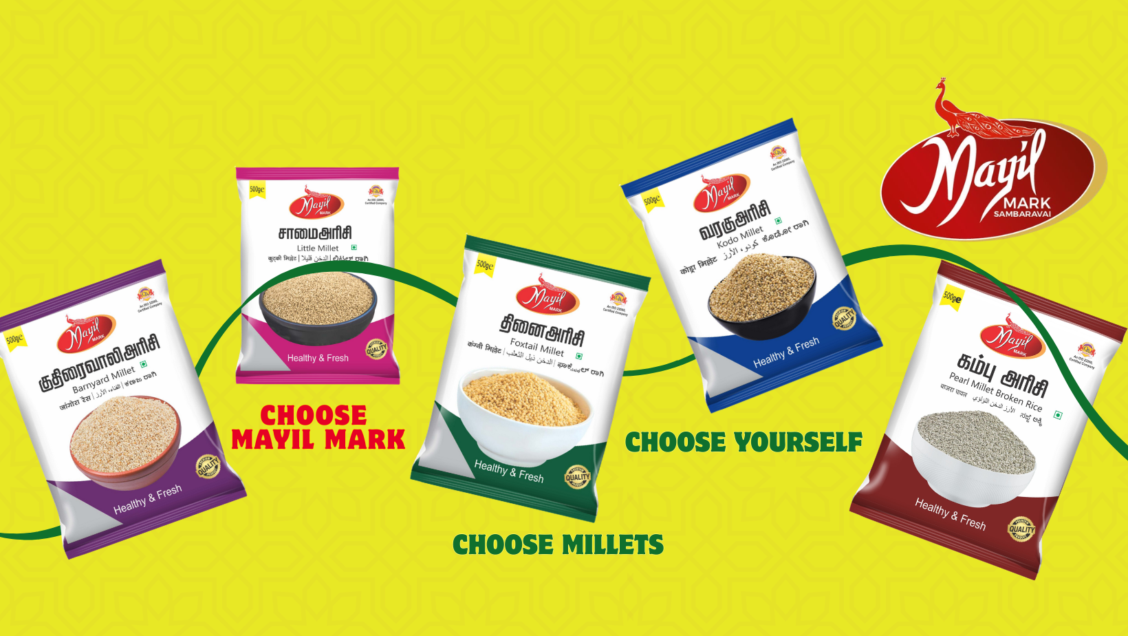 Advertisement showing five different packs of millet from Mayil brand with the message 'Choose Mayil Mark, Choose Millets'.