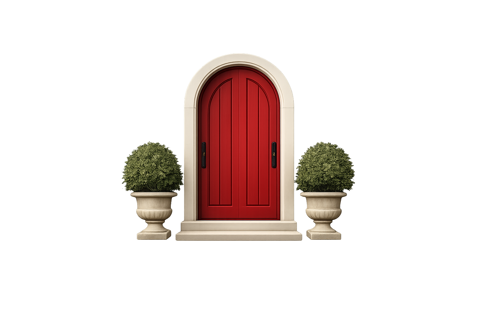 Red arched door with black handles, flanked by two potted bushes on a beige pedestal.