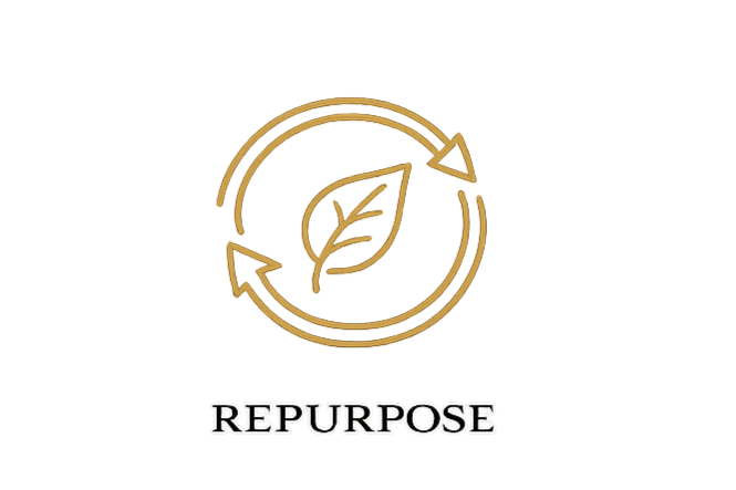Illustration of a recycling symbol with a leaf inside, symbolizing environmental purpose or sustainability, with the word 'REPURPOSE' below.
