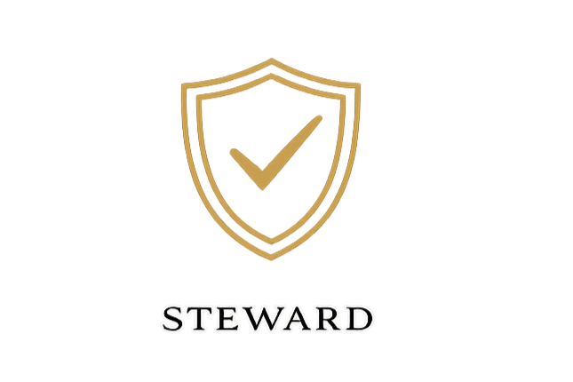 A black and gold emblem featuring a shield with a checkmark inside, and the word "STEWARD" below.
