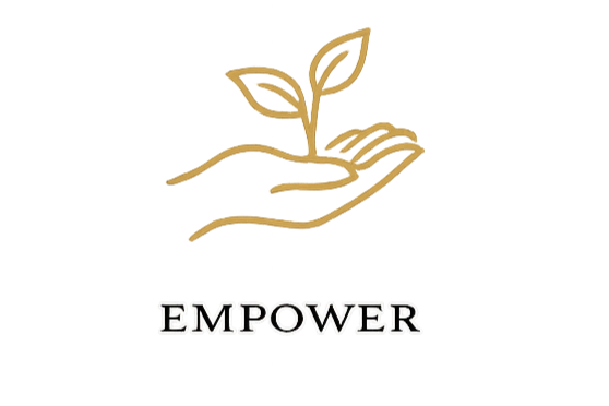A graphic of a hand holding a small plant with leaves, with the word 'EMPOWER' underneath.