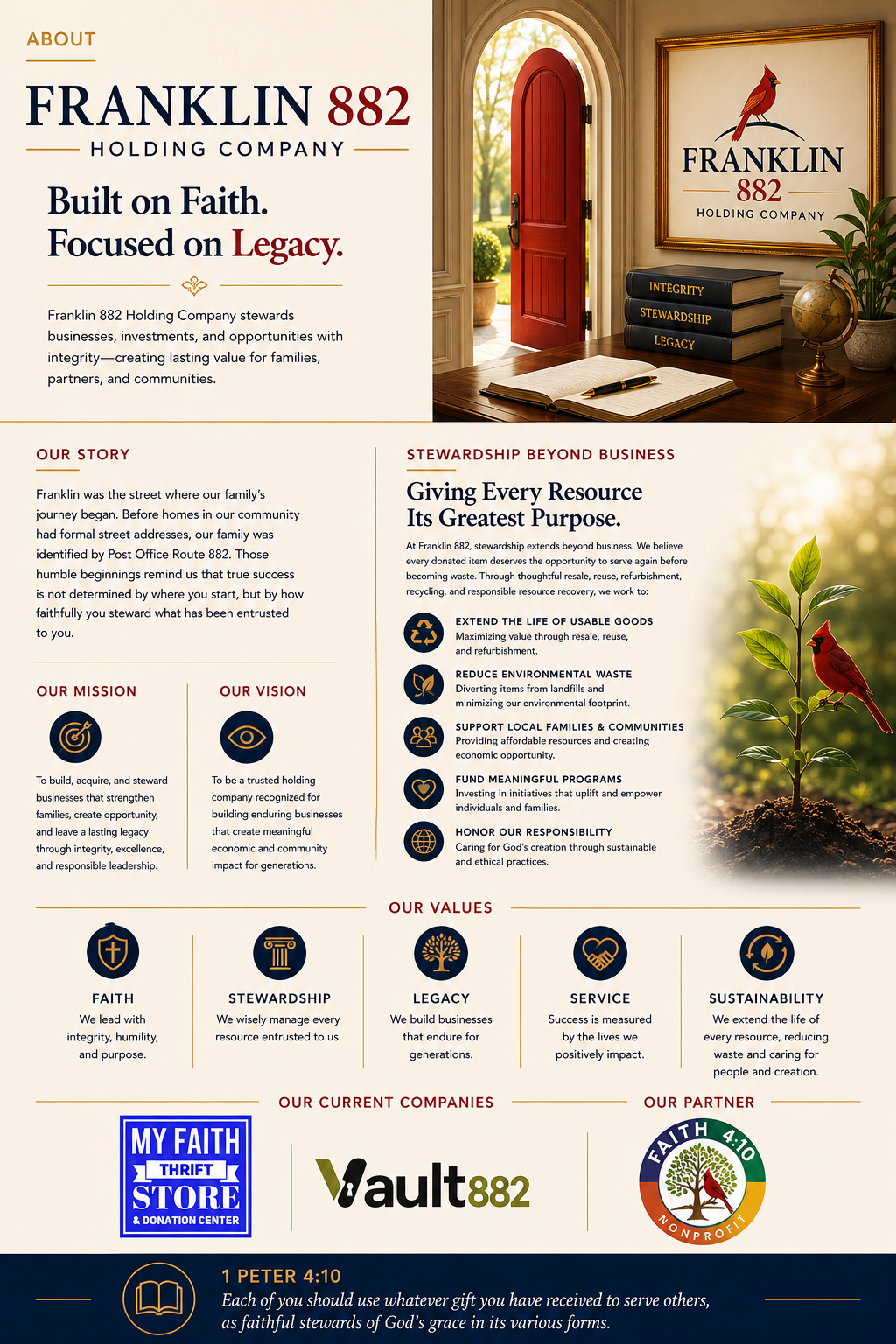 An informational poster for Franklin 882 Holding Company featuring a company logo with a red cardinal bird, a framed emblem, a desk with books labeled Integrity, Stewardship, and Legacy, and a plant. The poster outlines the company's mission, vision, values, current companies, and partners, emphasizing faith, stewardship, legacy, service, and sustainability.