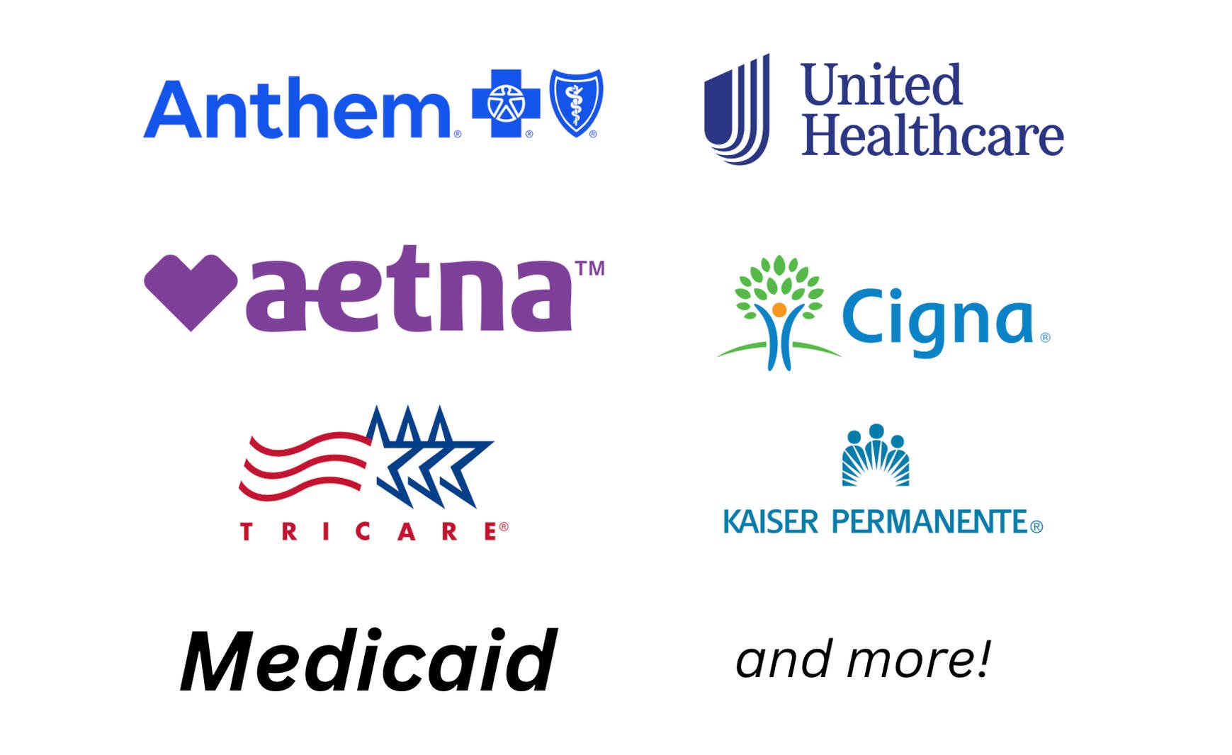 Logos of healthcare companies including Anthem, United Healthcare, Aetna, Cigna, Tricare, and Kaiser Permanente, with the word Medicaid and the phrase "and more!"