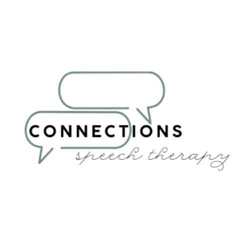 Logo for Connections Speech Therapy featuring two overlapping speech bubbles with the words 'Connections' in bold and 'speech therapy' in cursive below.