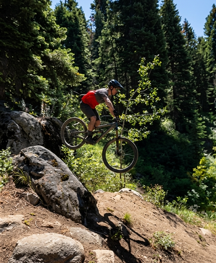 A person riding a mountain bike over rocks and dirt on a forest trail, surrounded by tall green pine trees.