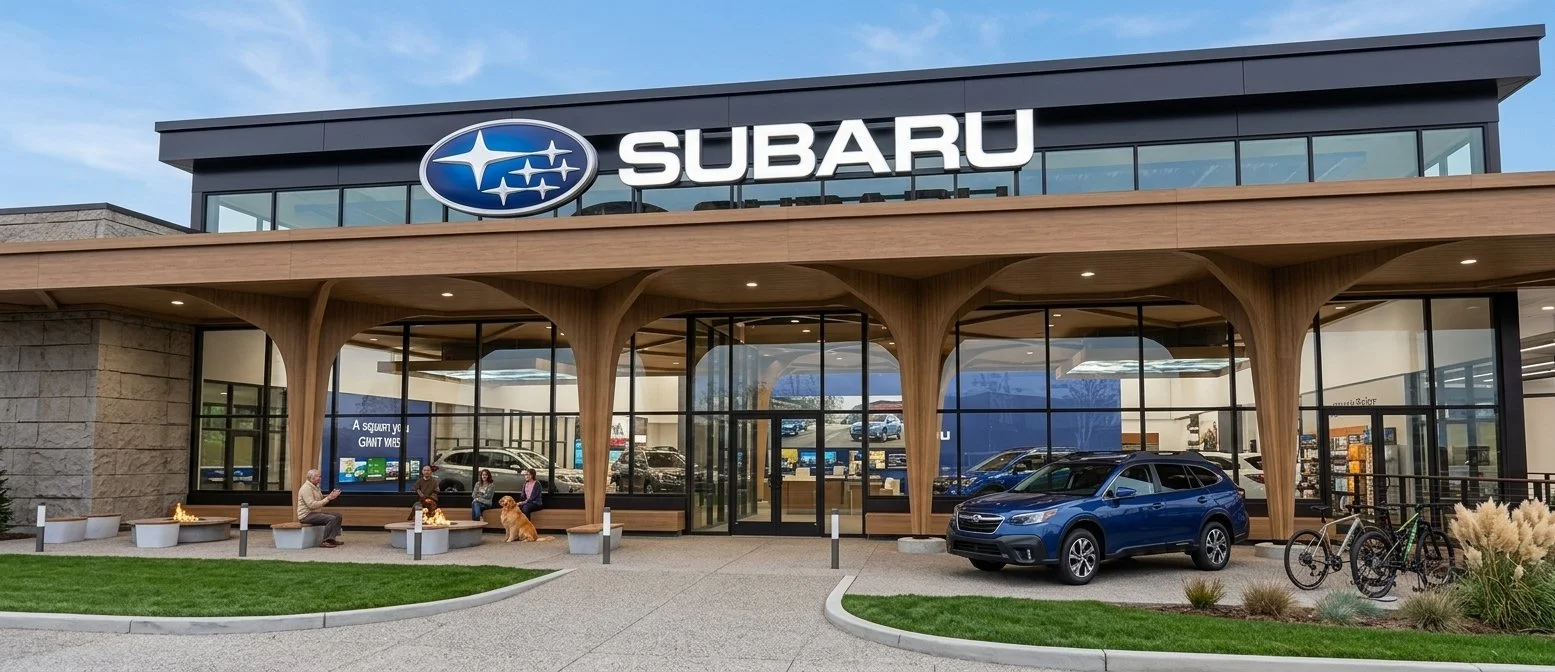 Exterior of a Subaru car dealership building with large glass windows, a blue Subaru vehicle parked outside, and the Subaru logo and name on the facade.