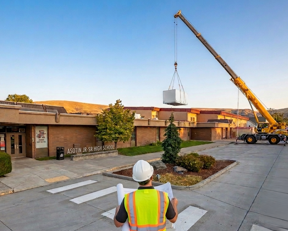 A construction worker with a safety helmet and vest reviewing plans outside Asotin Jr-Sr High School as a large crane lifts a white box into the school building.
