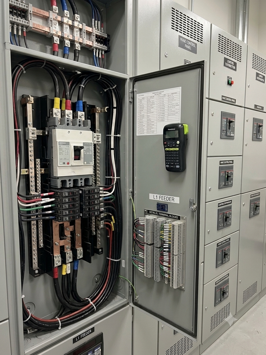 Electrical control panel with switches, circuit breakers, wiring, and a handheld testing device.