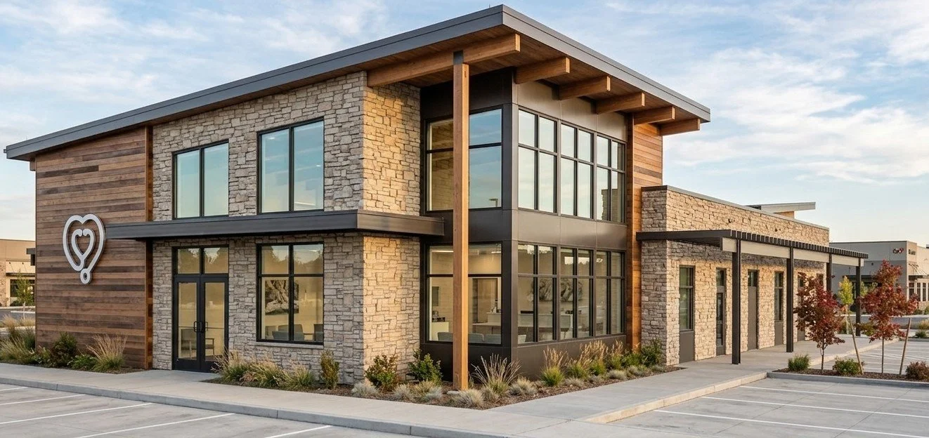 Modern two-story building with large glass windows, stone and wooden exterior, and a small parking lot in front.