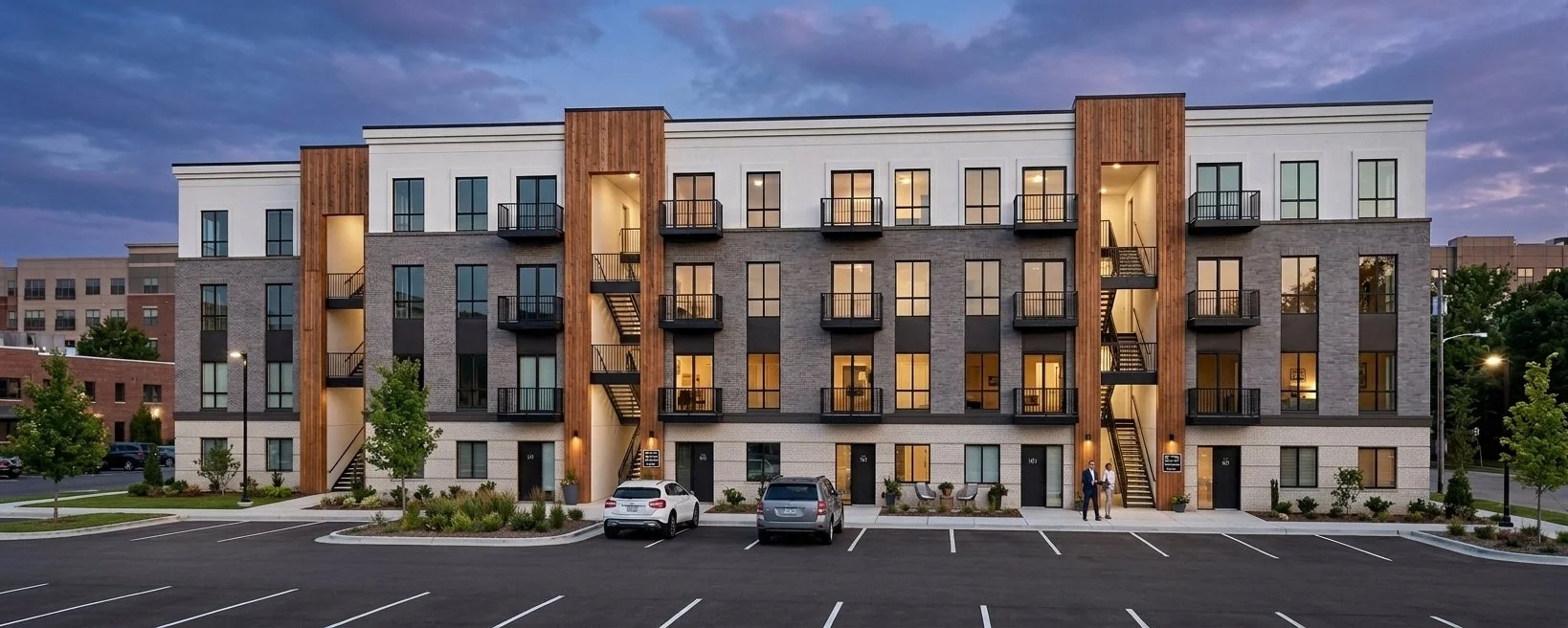 Exterior view of a modern, multi-story apartment building with lit windows, black balconies, and fire escape stairs at dusk, with a parking lot in the foreground and a few people walking.