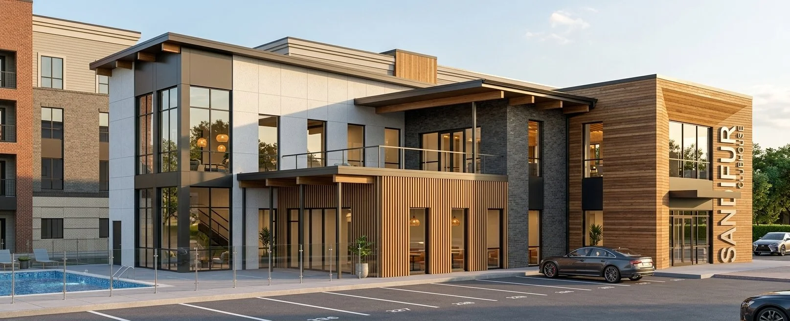 Front view of a modern multi-story building with glass windows, wooden accents, and a parking lot with a few cars in front. The building has the sign "SANNELLEUR CLUBHOUSE" on the right side.