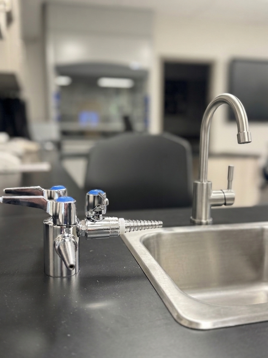 A stainless steel kitchen sink with two faucets, one with a sprayer, in a kitchen or laboratory setting.