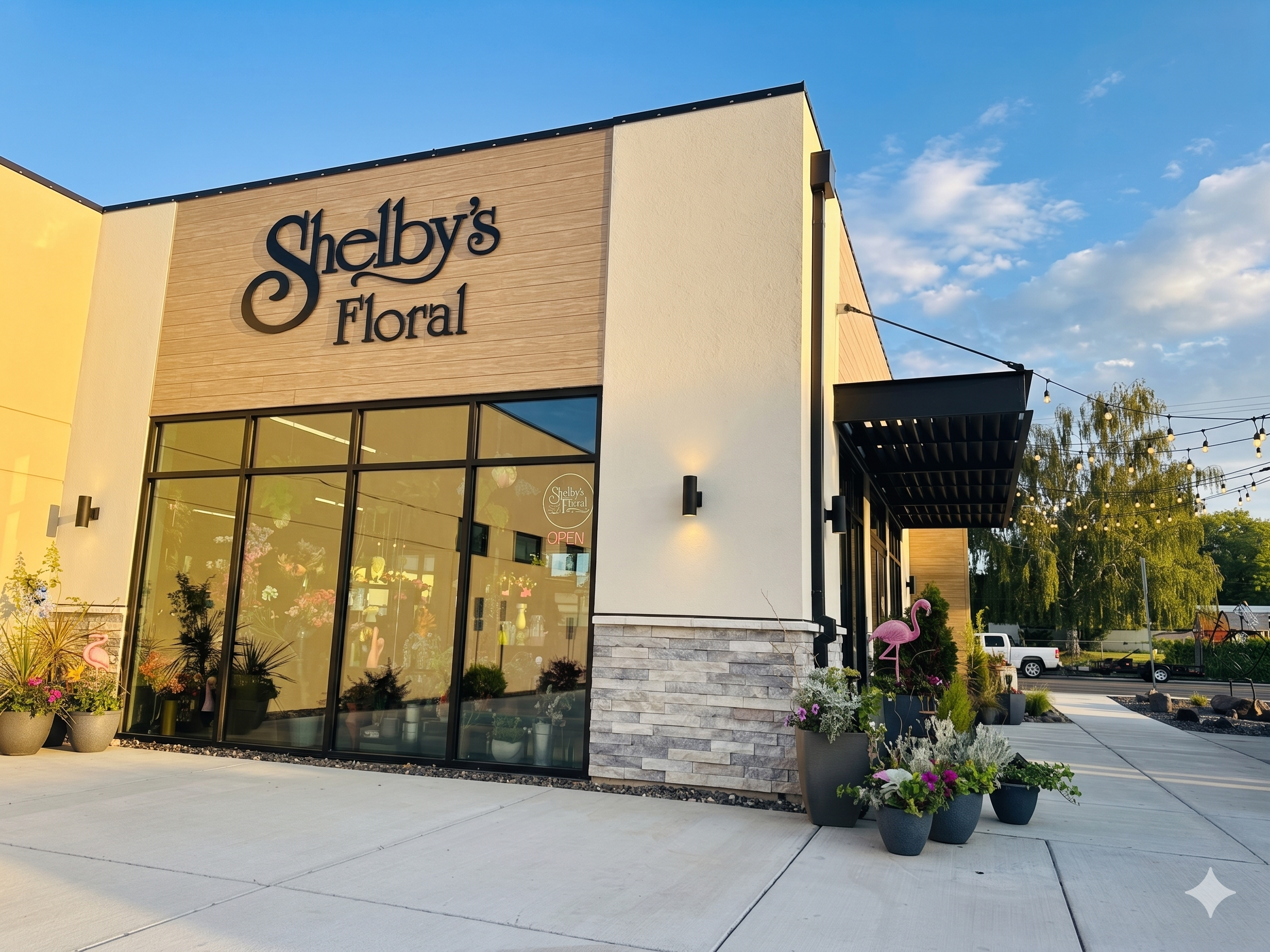 Exterior view of Shelby's Floral store with large glass windows, potted plants, and a sign reading Shelby's Floral on a wooden facade, with a clear blue sky and string lights in the background.