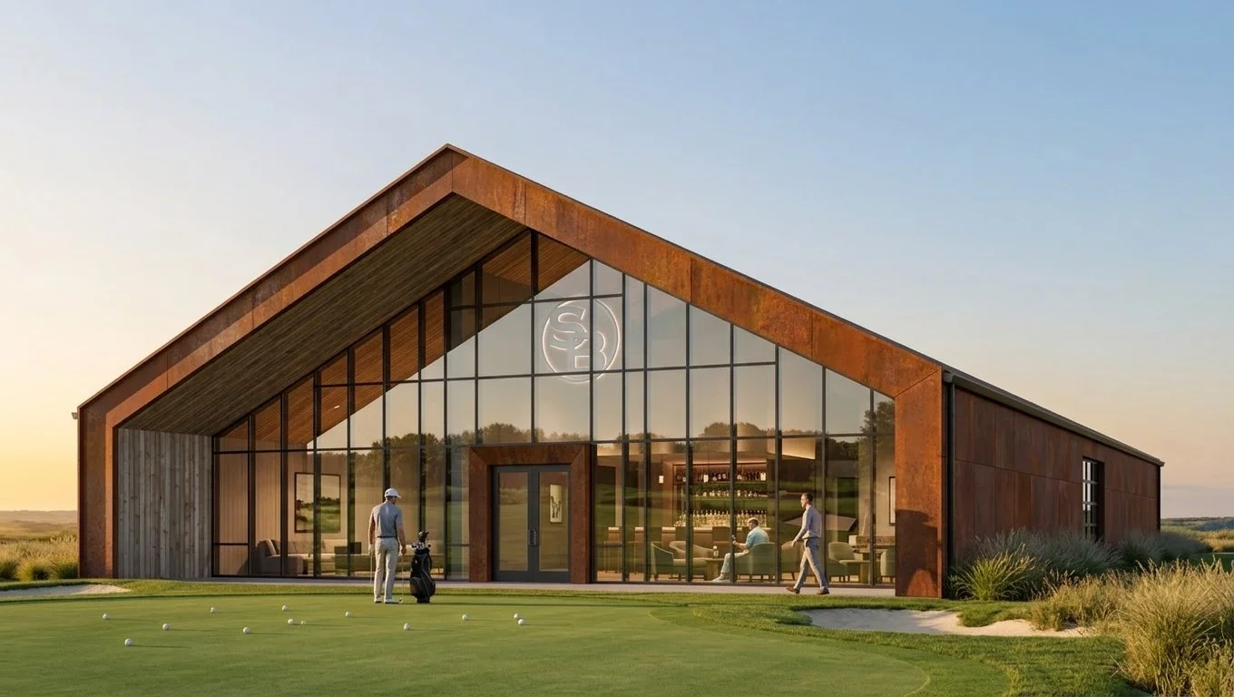 Modern clubhouse with large glass windows, wooden and metal exterior, on a golf course during sunset. Two people are outside, one with a golf bag, and others are inside near a bar or lounge area.
