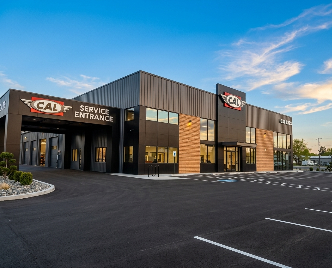 Modern commercial building with CAL signs, service entrance, large windows, and a spacious parking lot under a blue sky.
