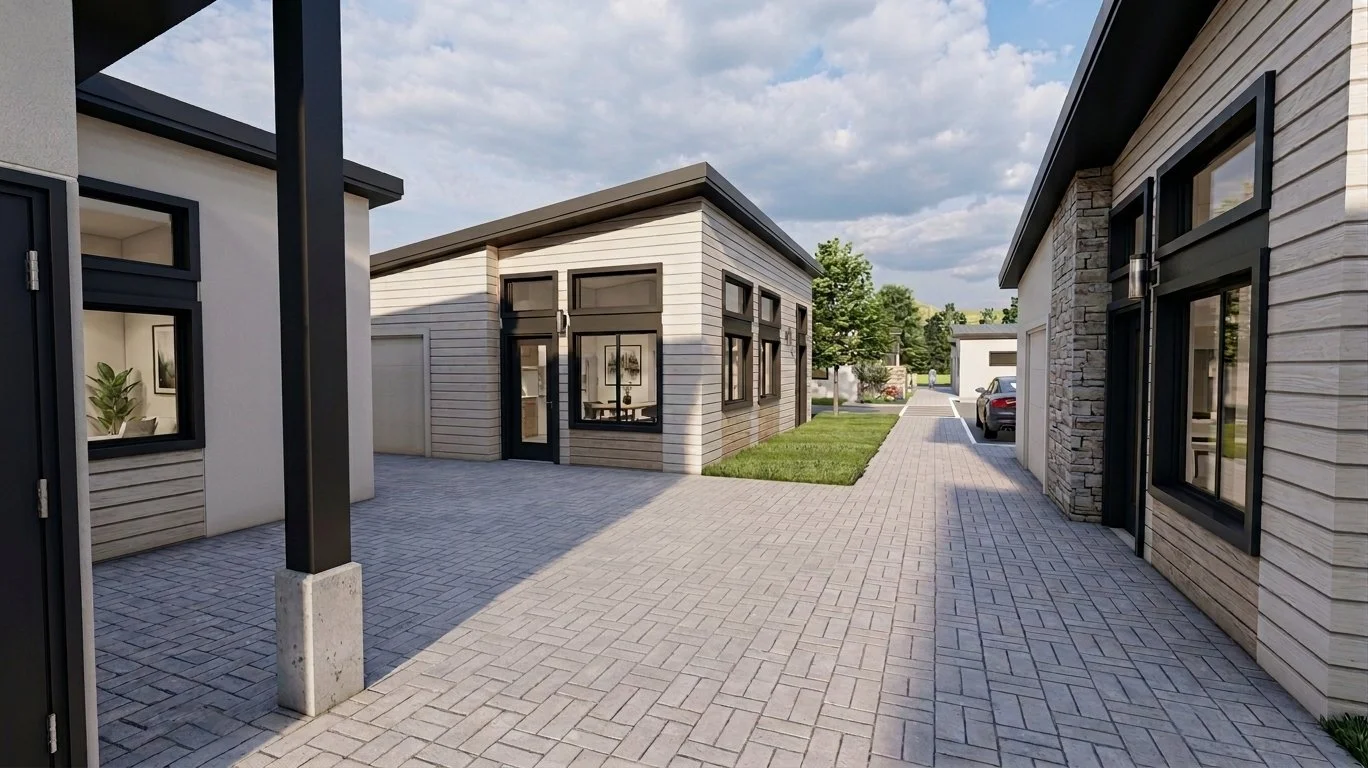 Modern residential courtyard with paved walkways, small grass patches, and contemporary houses with large windows and mixed siding.