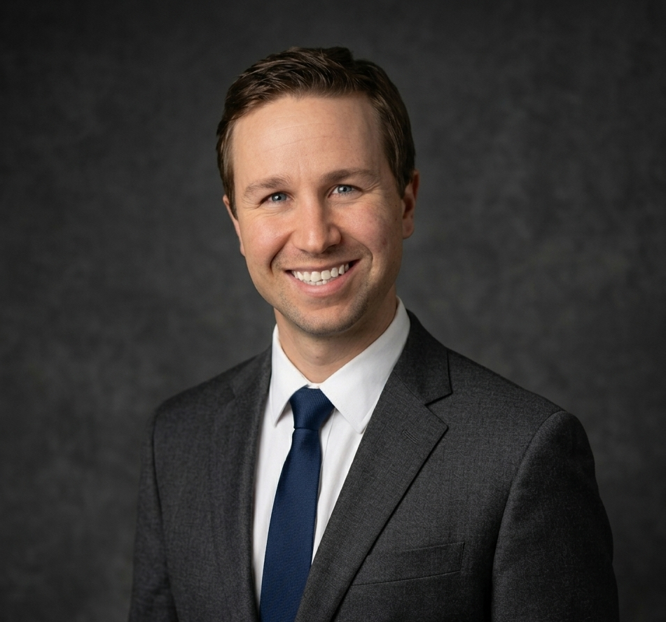 Professional portrait of a man wearing a dark gray suit, white shirt, and dark blue tie, smiling against a dark gray background.