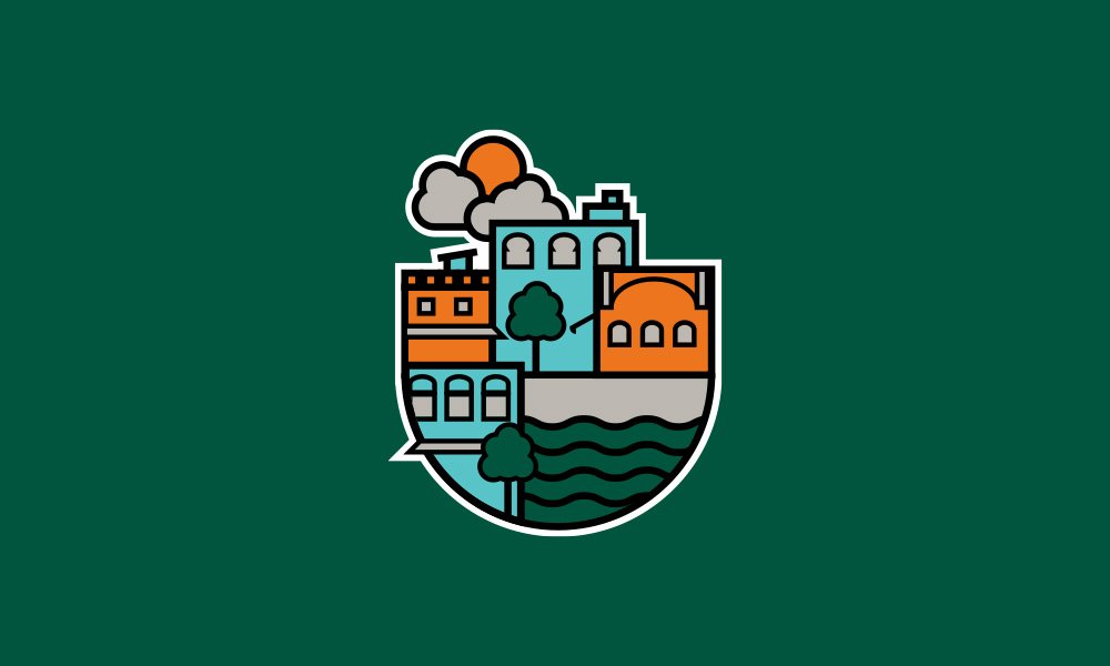 Stylized illustration of a cityscape with buildings, trees, and a river, set against a dark green background.
