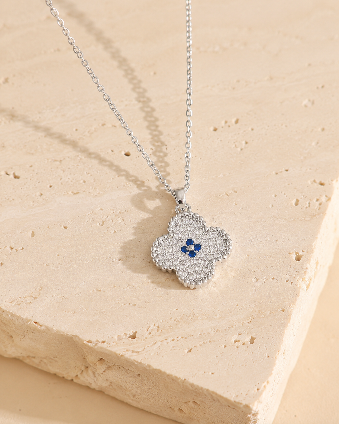 Silver Four Leaf Clover Blue Necklace .png