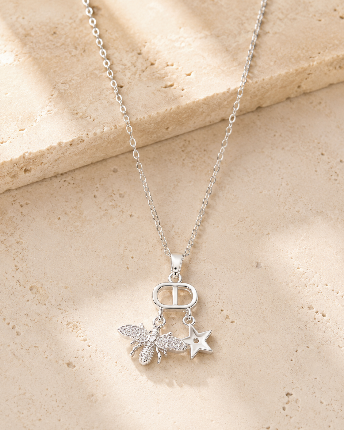 silver CD Bee Star Dainty Charm Necklace.png