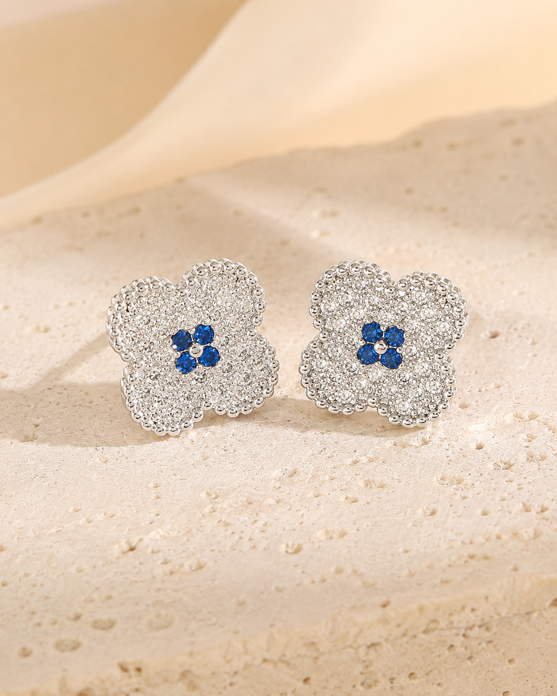 silver Four Leaf Clover Blue Stud Earrings.png