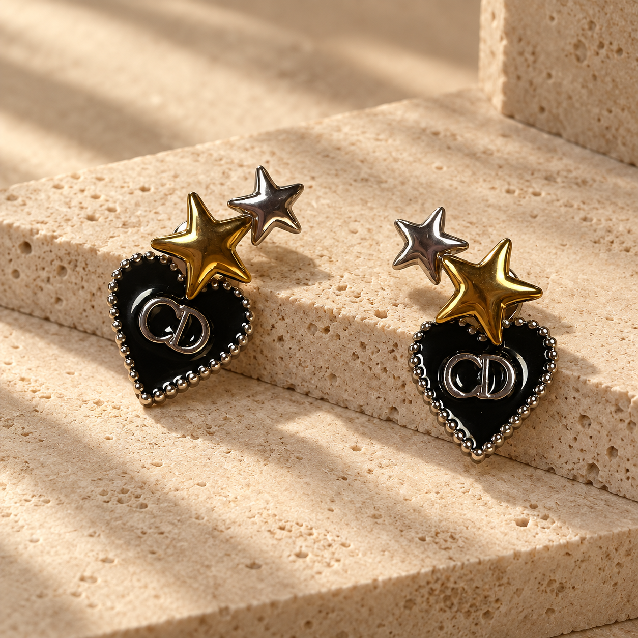 Two Tone CD Heart and Stars Earrings