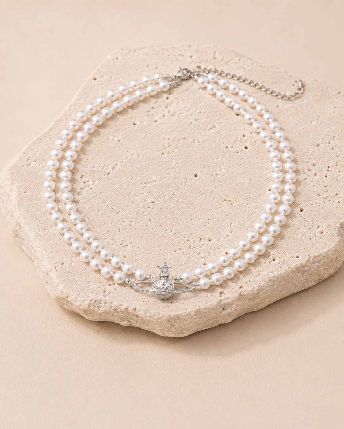 Cross Planet Double Pearl Necklace