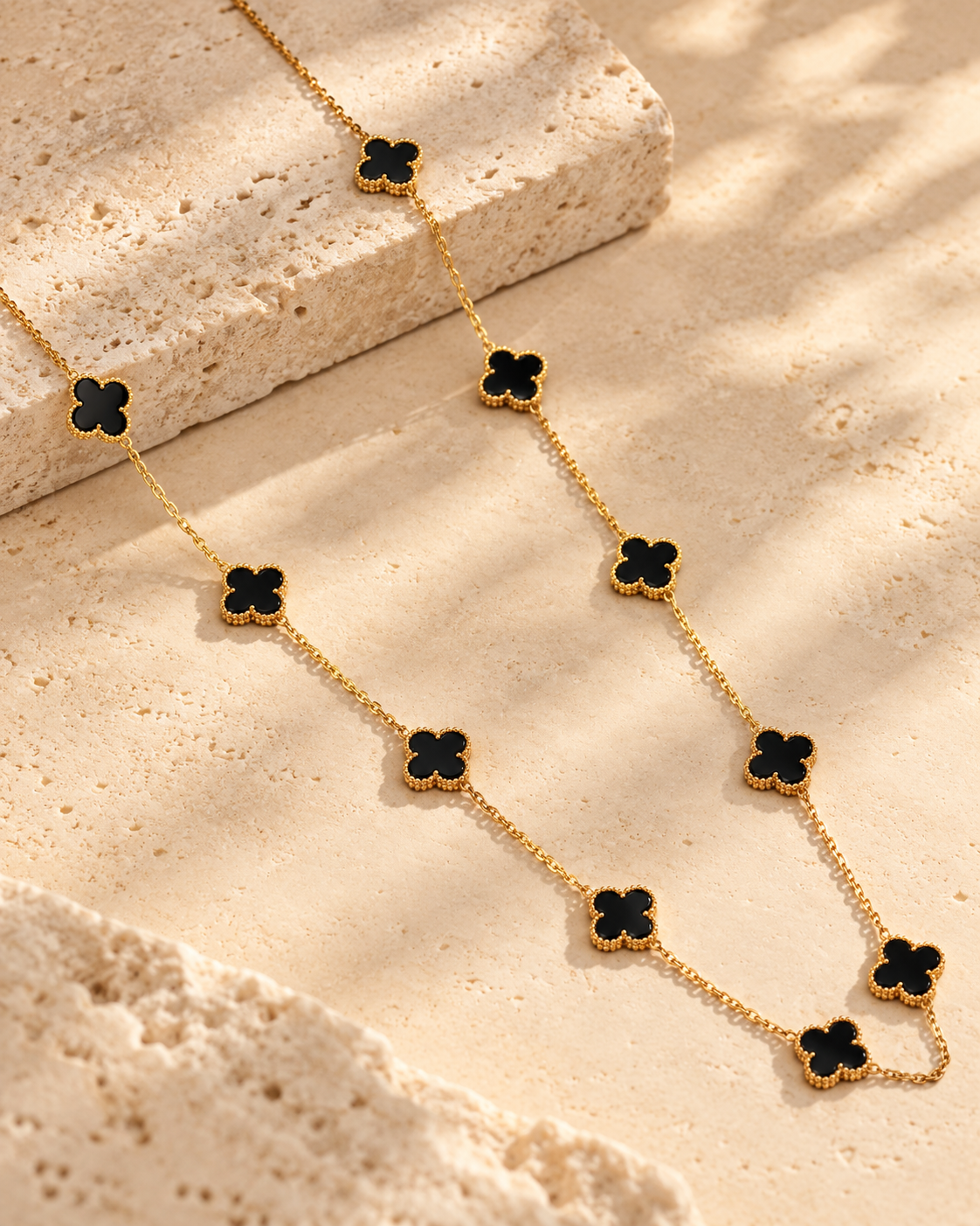 Four Leaf Clover 10 Flowers Black Necklace