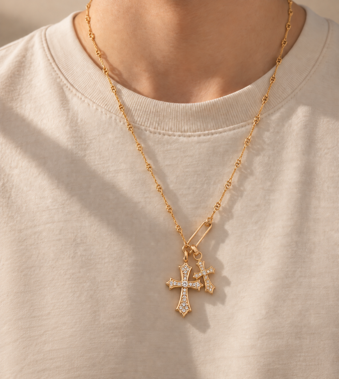 Double Cross Safety Pin Pendant Necklace