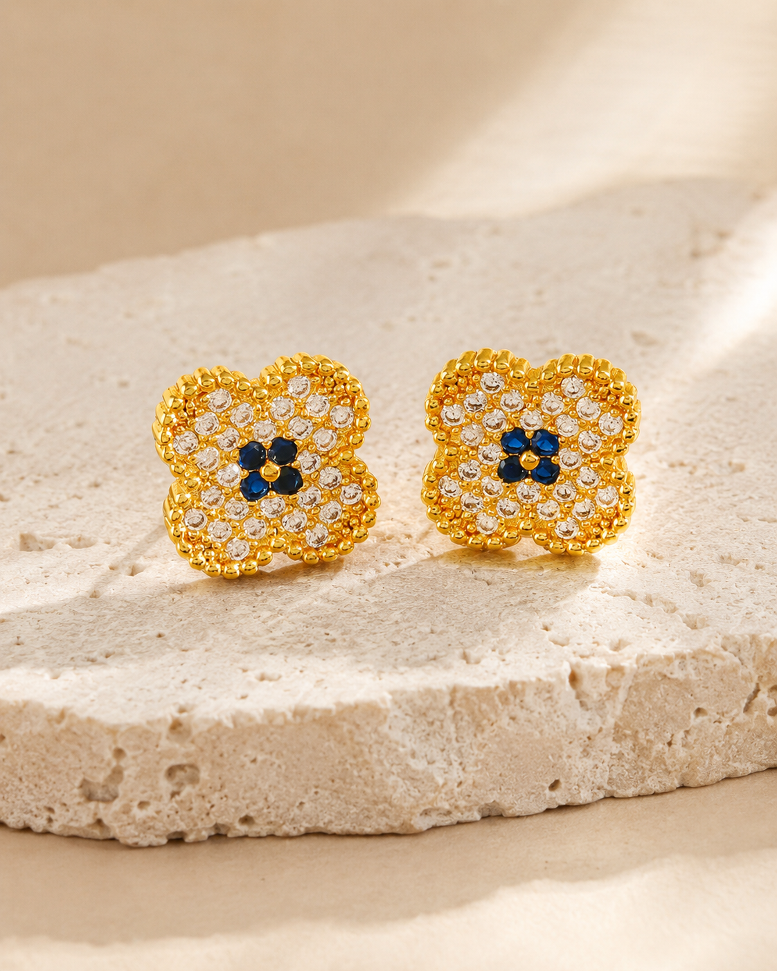 gold Four Leaf Clover Blue Stud Earrings.png