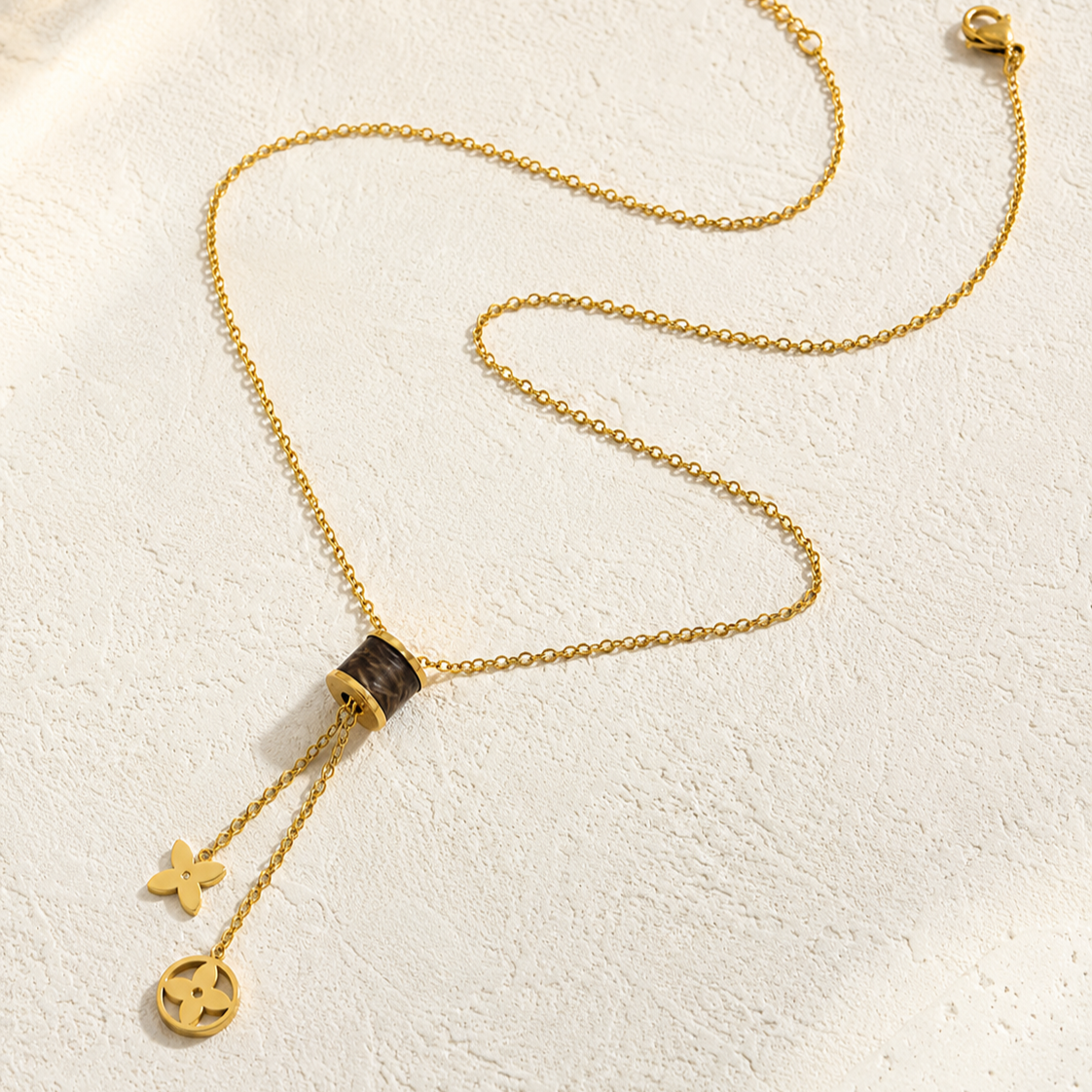 Leather Cylinder Flower Charm Necklace