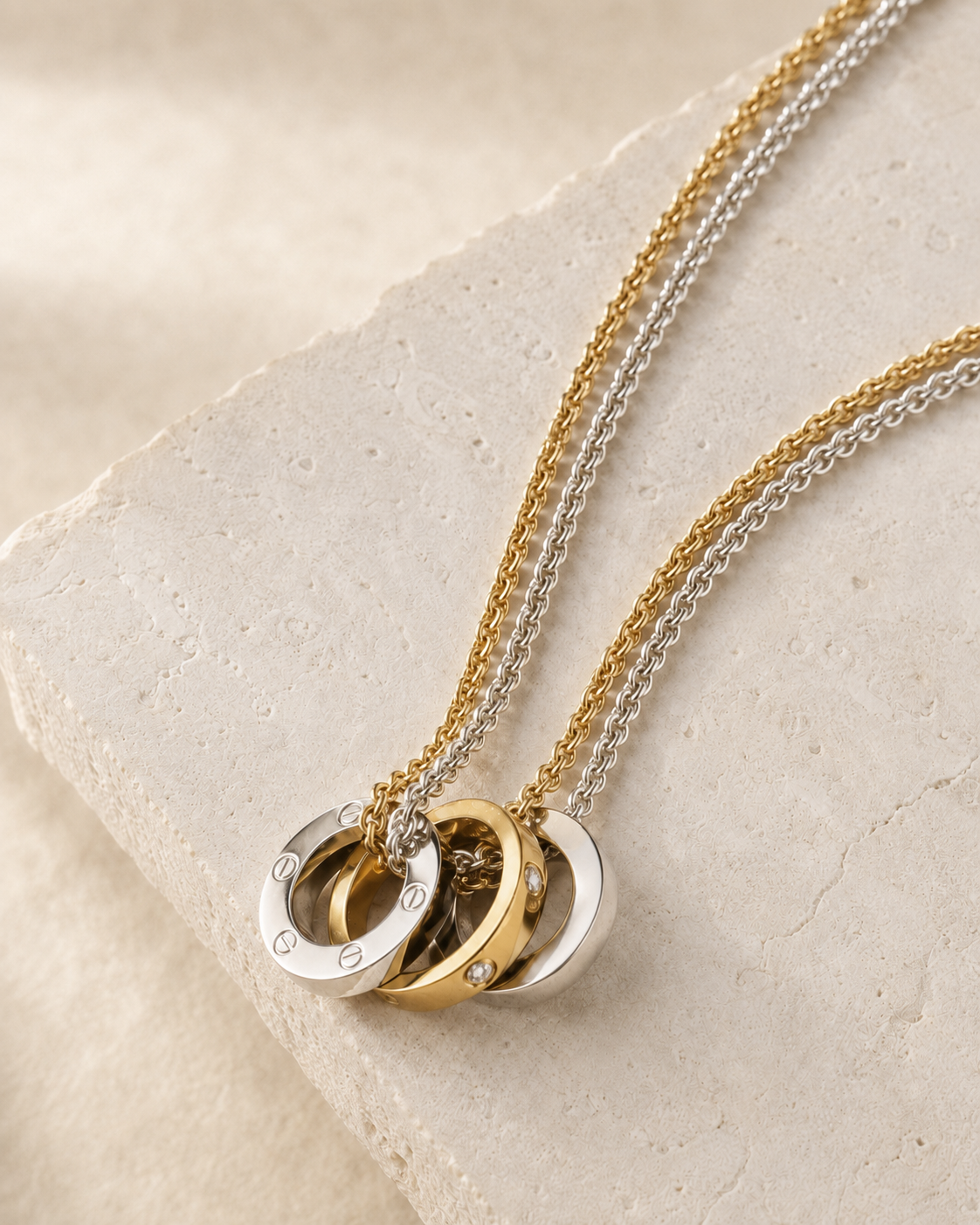 Love Negative Double Chain + Triple Ring Pendant Necklace
