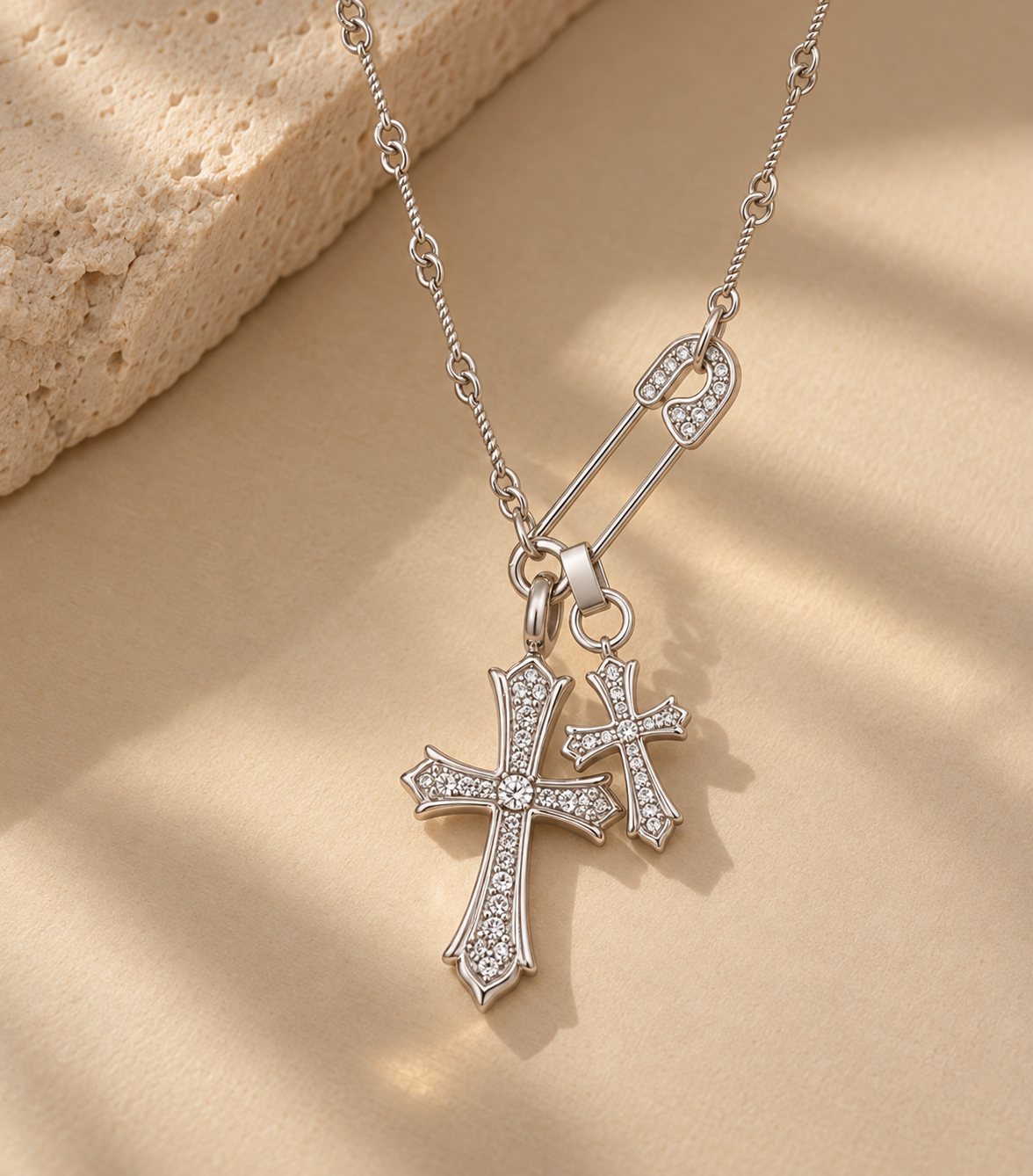 silver Double Cross Safety Pin Pendant Necklace chrome hearts.png