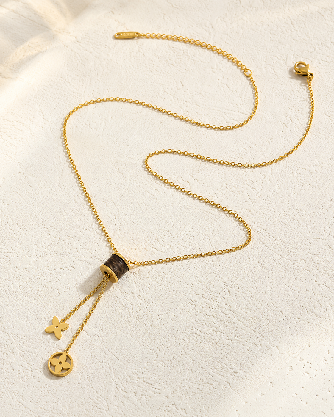 Leather Cylinder Flower Charm Necklace