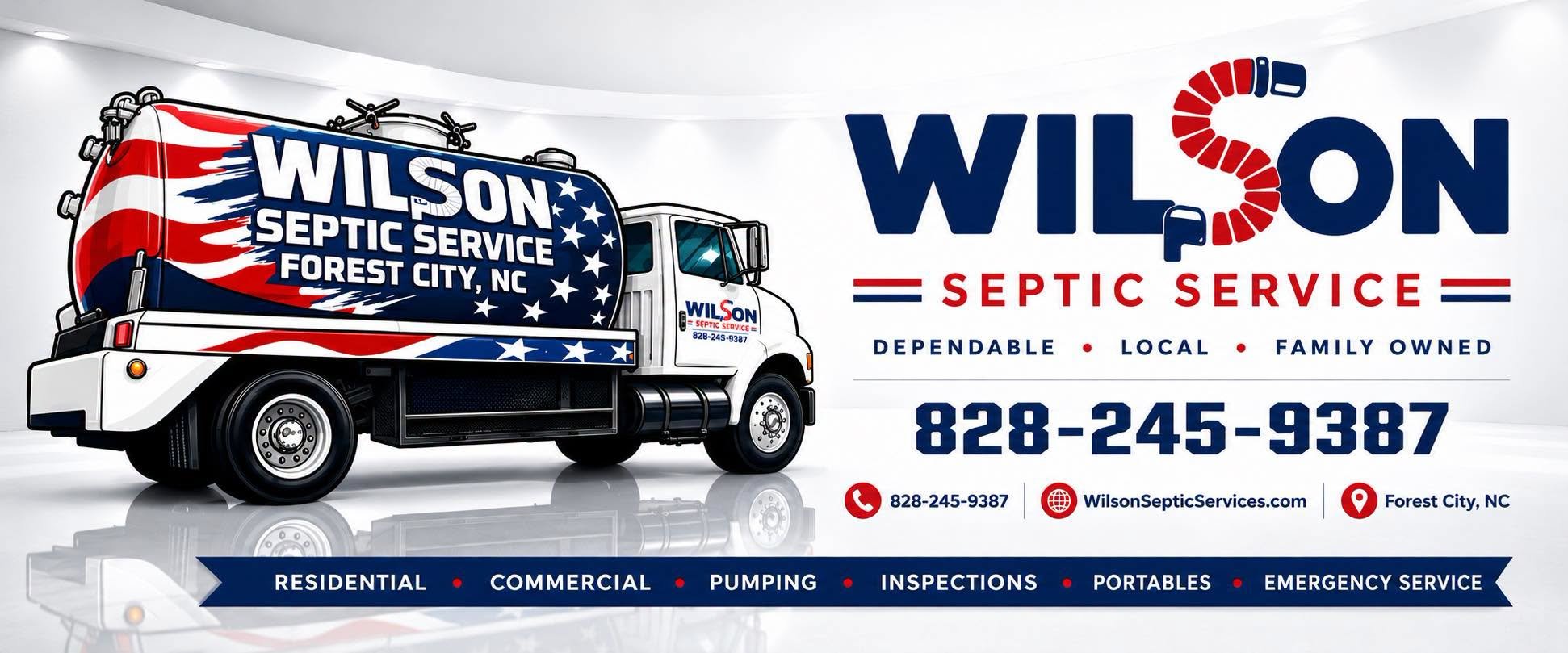 A graphic design featuring a septic service truck decorated with American flag colors and stars and stripes. The text promotes Wilson Septic Service in Forest City, North Carolina, with contact information, services offered, and highlighting qualities like dependable, local, and family owned.
