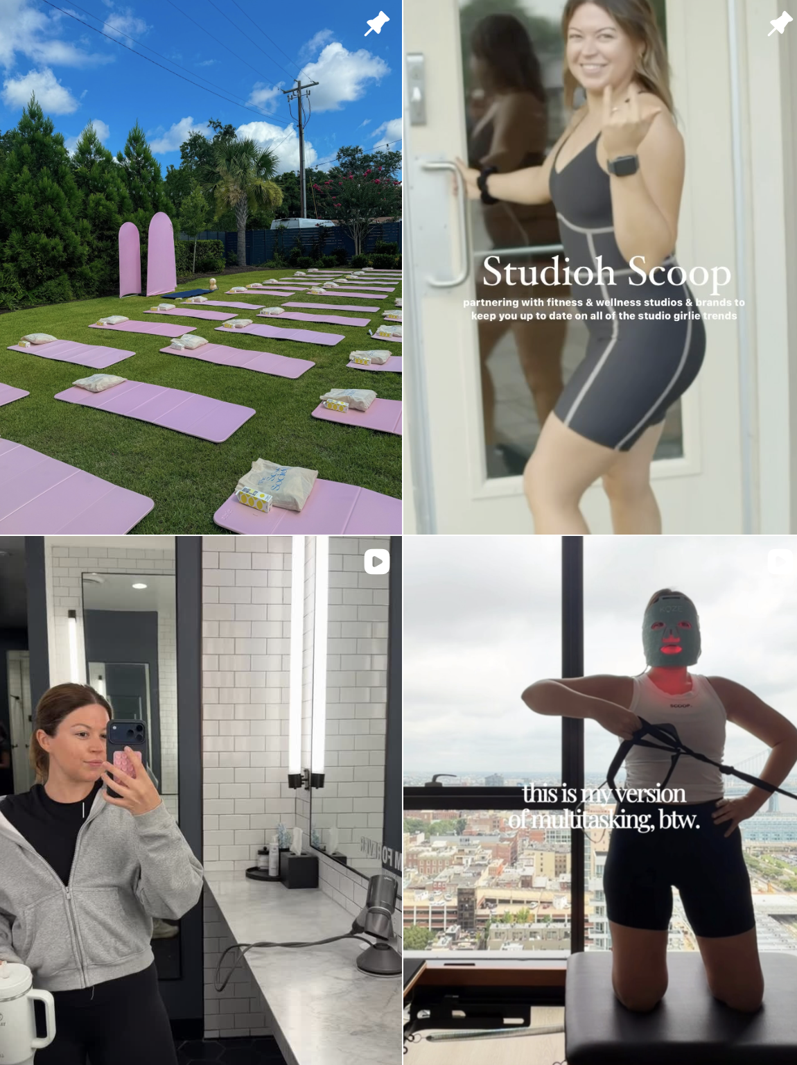 A collage of four images. The top left shows an outdoor yoga setup with pink mats, pillows, and a blue sky. The top right features a smiling woman in workout clothes waving at the camera inside a fitness studio, with text about partnering with fitness and wellness studios. The bottom left is a woman in a gym or bathroom taking a selfie in a mirror, with steady lighting and white brick wall. The bottom right displays a woman in workout clothes with a mask on her face, kneeling on a bench with a cityscape view in the background, and text about multitasking.