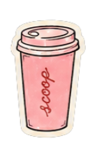 Pink to-go coffee cup with a lid and the word 'peace' written vertically