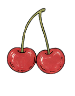 Two cherries with green stems against a white background