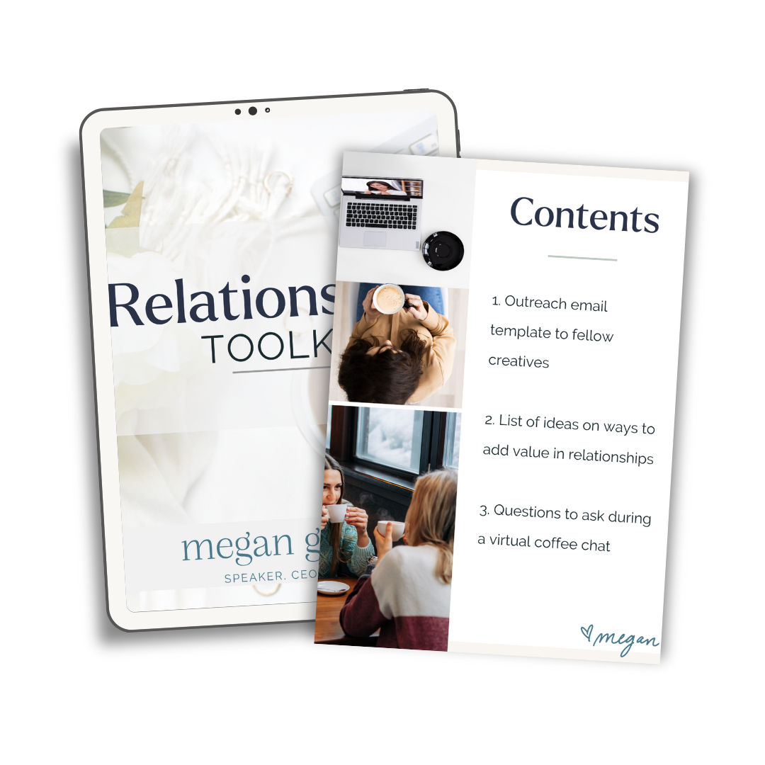 Digital mockup of a presentation folder titled 'Relationships Toolkit' with a contents page listing outreach email templates, ideas for adding value in relationships, and questions for virtual coffee chats, accompanied by photos of women drinking coffee and a laptop.
